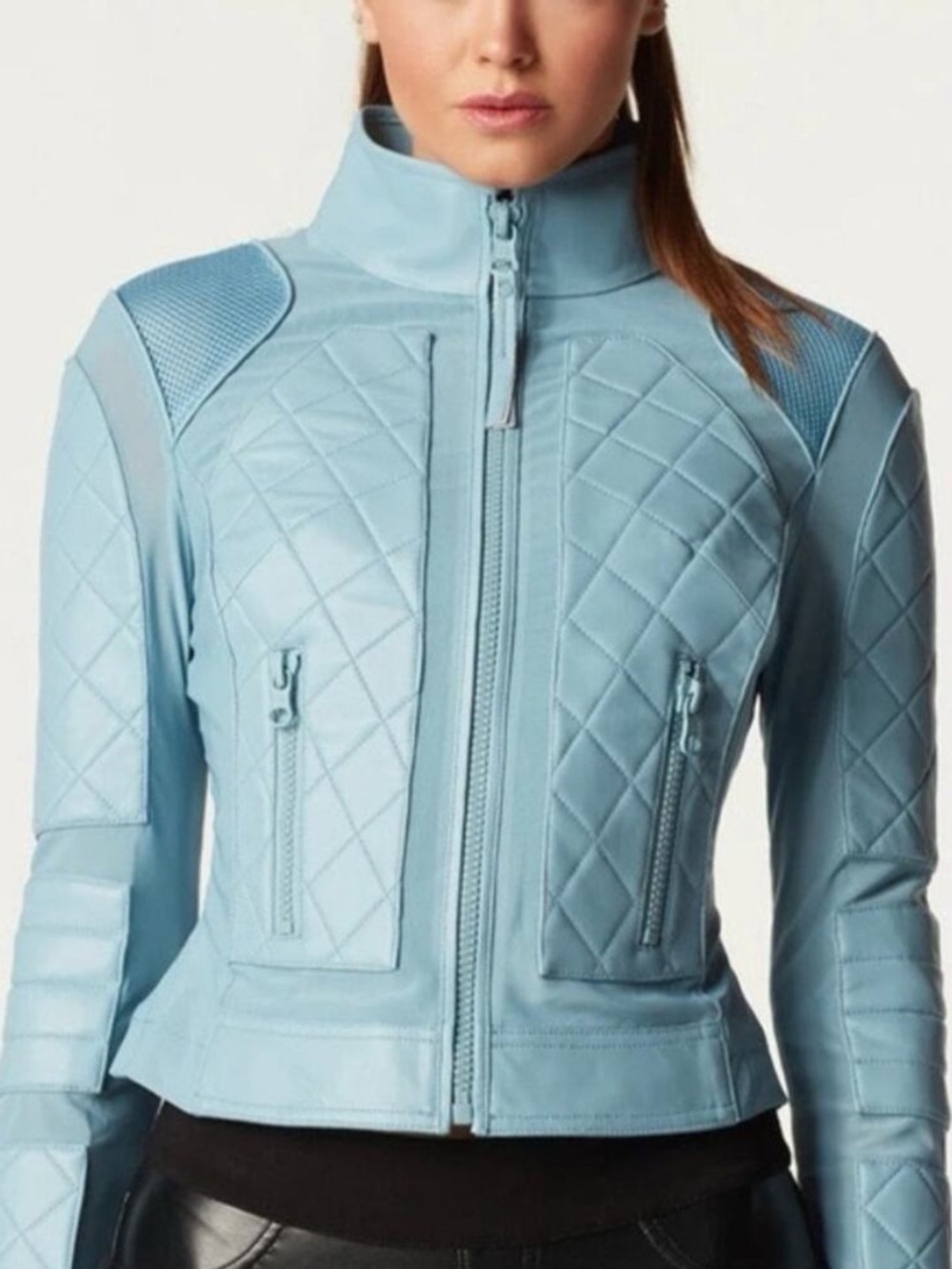Blanc Noir Leather Quilted Moto Jacket Size Medium Light Blue Fog Mesh Biker